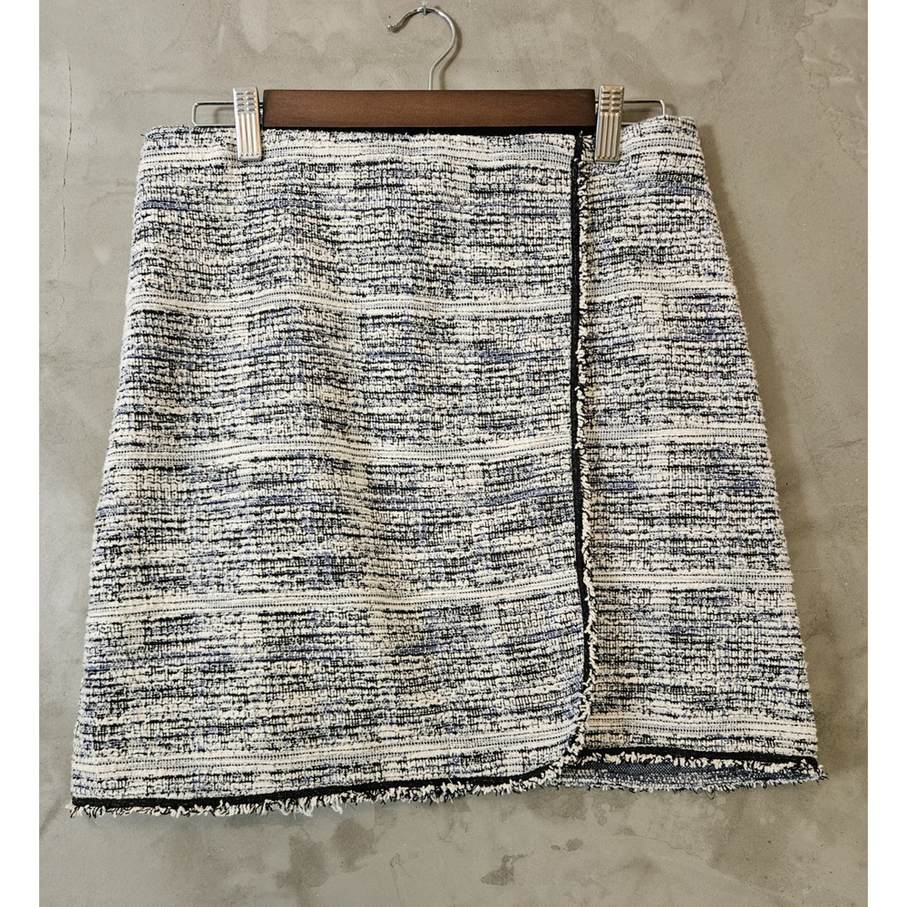 Max Studio Blue/White Striped Tweed Fringe Pencil Skirt Short Length Size M